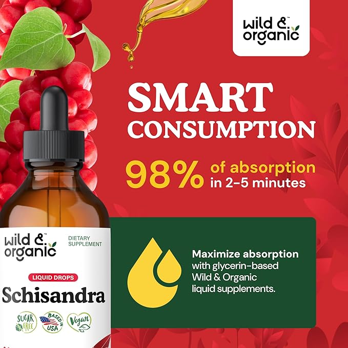 Wild & Organic Schisandra Tincture 500 mg - Natural Schisandra Supplement for Relaxation - Liquid Chinensis Berry Extract - Vegan, Sugar & Alcohol-Free Drops - 4 fl oz