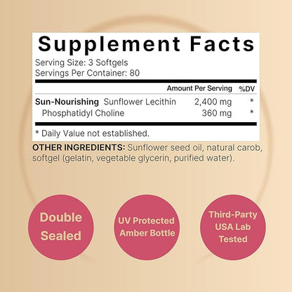 NatureBell Sunflower Lecithin 2,400mg, 240 Softgels | Infused with Non-GMO Sunflower Seed Oil – Rich in Phosphatidyl Choline – No Soy, No Gluten