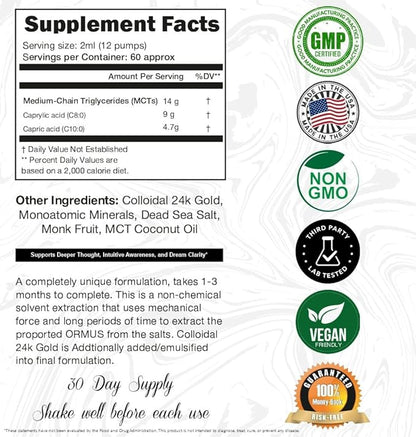Ormus Gold Oil Monoatomic | Supports Deeper Thought, Intuitive Awareness & Dream Clarity | Rich with Minerals, Platinum, Iridium | Non-Chemical Extraction | 4oz