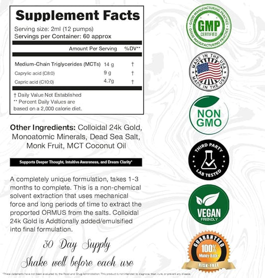 Ormus Gold Oil Monoatomic | Supports Deeper Thought, Intuitive Awareness & Dream Clarity | Rich with Minerals, Platinum, Iridium | Non-Chemical Extraction | 4oz