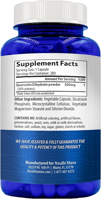 Quercetin 500mg Capsules | Vegan Friendly Quercetin Dihydrate High Potency Antioxidant Supplement for Skin Heart and Immune Support | Gluten-Free | Made in the USA in GMP Facilities (200 Servings)