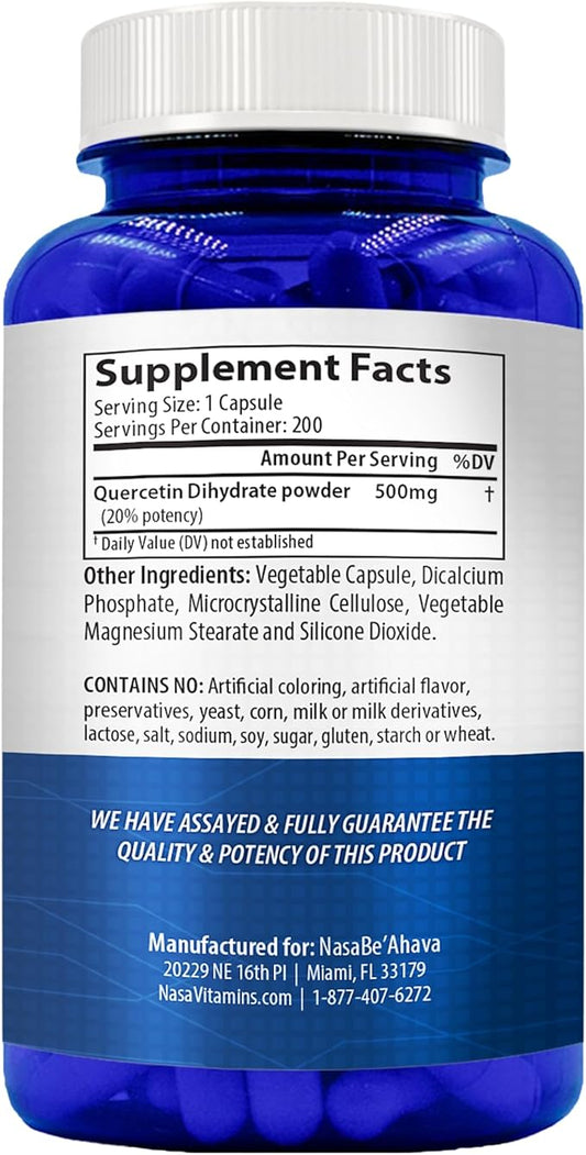 Quercetin 500mg Capsules | Vegan Friendly Quercetin Dihydrate High Potency Antioxidant Supplement for Skin Heart and Immune Support | Gluten-Free | Made in the USA in GMP Facilities (200 Servings)