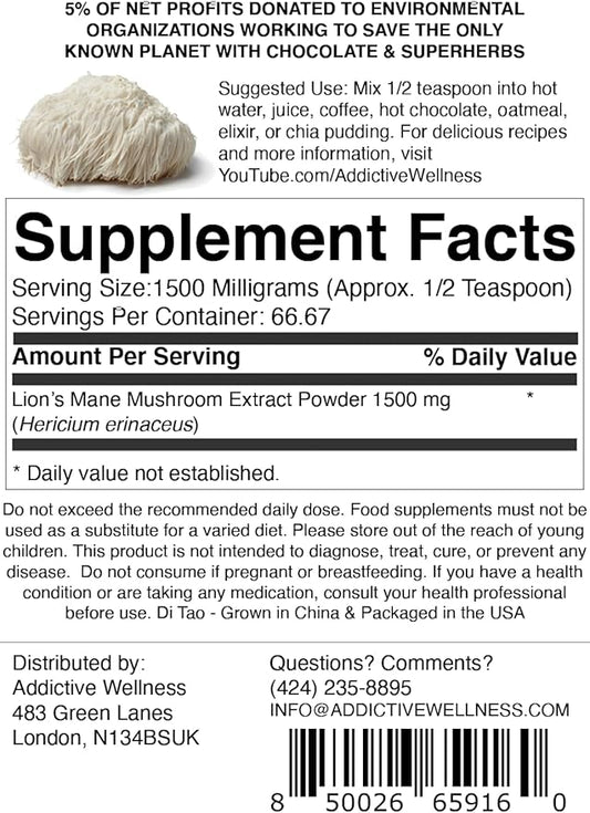 Addictive Wellness Lions Mane Supplement Powder, Premium Quality Lions Mane Mushroom Powder Dual-Extract Nootropic, Sugar Free, Vegan & Paleo Lion's Mane Mushroom Supplement - 1500 mg (100 Grams)