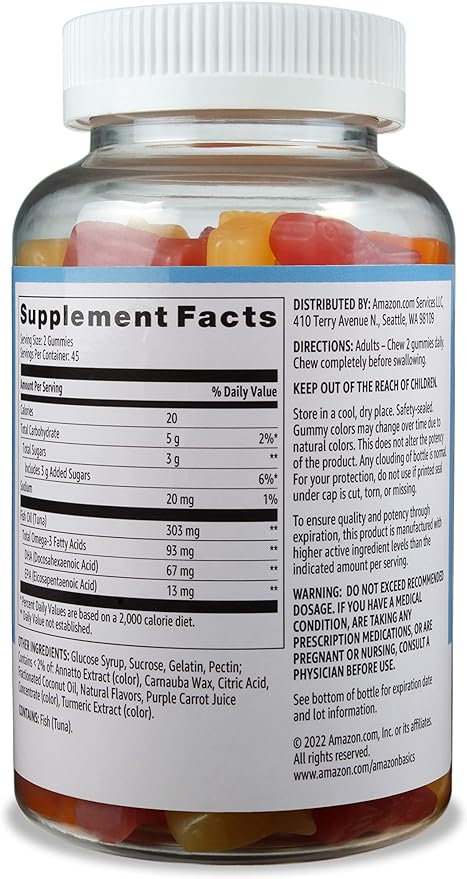 Amazon Basics Fish Oil 303 mg, Lemon, Orange & Strawberry-Banana Flavors, 90 Gummies (2 per Serving), EPA and DHA Omega-3 Fatty acids (Previously Solimo) (Pack of 2)