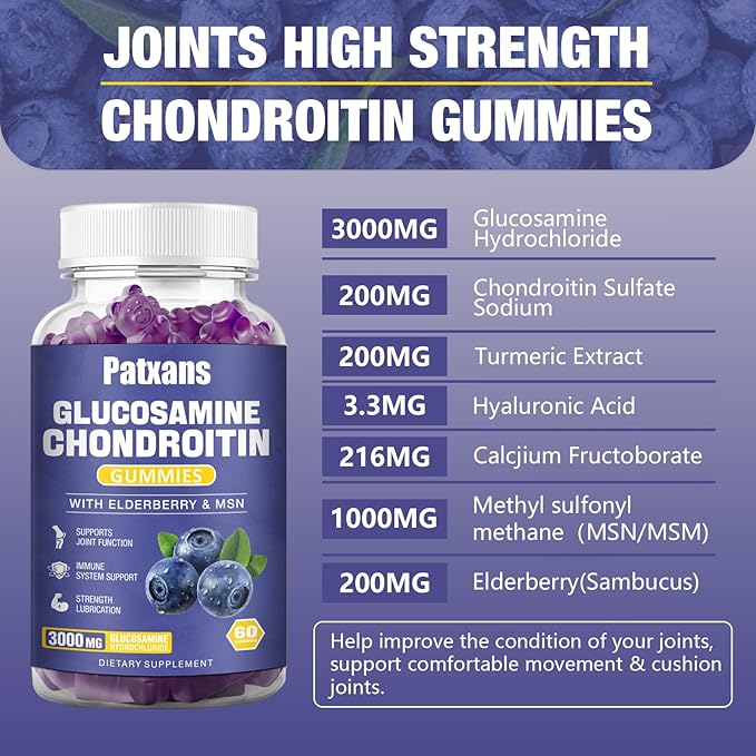 2 Packs 3000MG Glucosamine Chondroitin Gummies - Extra Strength Joint Health & MSM Elderberry Natural Joint Support Supplement, Flexibility, Antioxidant Immune Support for Adults, 120 Gummies.