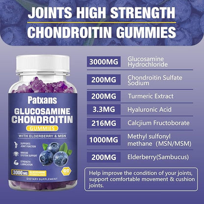 2 Packs 3000MG Glucosamine Chondroitin Gummies - Extra Strength Joint Health & MSM Elderberry Natural Joint Support Supplement, Flexibility, Antioxidant Immune Support for Adults, 120 Gummies.