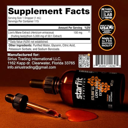 STARFIT Lion's Mane Mushroom Extract, 575,000 mg, Liquid Supplement for Immune Support, Memory, and Digestive Health, 4 fl oz