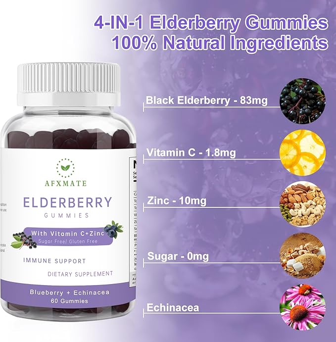 Sambucus Elderberry Gummies, Black Elderberry Gummy with Zinc and Vitamin C for Adults, Sugar Free Kids Multivitamin Gummies Immune Support* Supplement (2 Pack)
