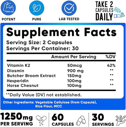 We Like Vitamins Vein Vitality 1250mg Diosmin Hesperidin Complex for Varicose Veins Treatment, Horse Chestnut, Butchers Broom, Bioflavonoids - Supports Blood Circulation for Leg Veins- 60 Capsules