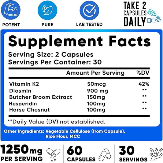 We Like Vitamins Vein Vitality 1250mg Diosmin Hesperidin Complex for Varicose Veins Treatment, Horse Chestnut, Butchers Broom, Bioflavonoids - Supports Blood Circulation for Leg Veins- 60 Capsules