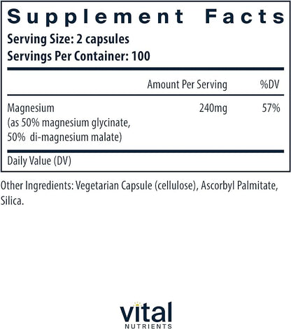 Vital Nutrients Magnesium Glycinate + Malate | 120mg Vegan Magnesium Supplement for Women and Men | Muscle, Heart, Bone Support* | Promotes Relaxation | Gluten, Dairy and Soy Free | 200 Capsules