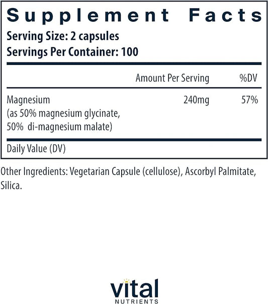 Vital Nutrients Magnesium Glycinate + Malate | 120mg Vegan Magnesium Supplement for Women and Men | Muscle, Heart, Bone Support* | Promotes Relaxation | Gluten, Dairy and Soy Free | 200 Capsules