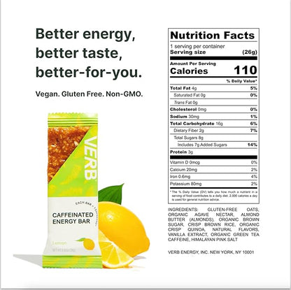 Verb Caffeinated Energy Bars Lemon (26g, Pack of 16) 110-Calorie Delicious Low Sugar Energy Bar - Vegan Gluten Free On-the Go Snack with 80mg Green Tea Caffeine, Only Real-Food Ingredients