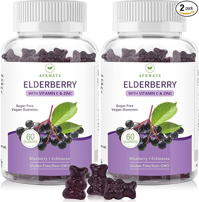 AFXMATE Sambucus Black Elderberry Gummies with Zinc and Vitamin C for Adults Kids Immune Support, Sugar Free 120 Counts