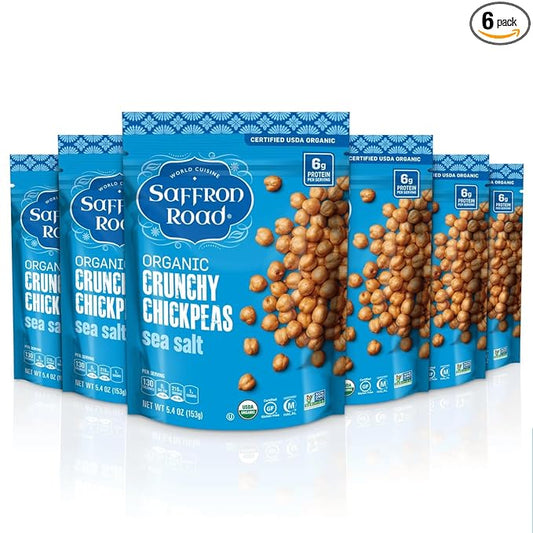 Saffron Road Roasted and Crunchy Sea Salt Chickpeas | High Protein Snacks | Certified Organic, Gluten-free, Vegan, Non-GMO, and Certified Halal and Kosher | 5.4oz Pouch | Pack of 6