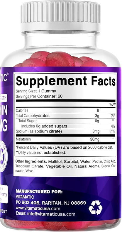 Vitamatic Sugar Free Melatonin 30mg per Gummy - 60 Servings - 60 Vegetarian Gummies - Non-Habit Forming Supplement (60 Count (Pack of 1))