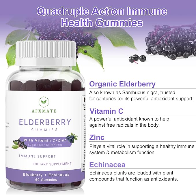 Sambucus Elderberry Gummies, Black Elderberry Gummy with Zinc and Vitamin C for Adults, Sugar Free Kids Multivitamin Gummies Immune Support* Supplement (2 Pack)