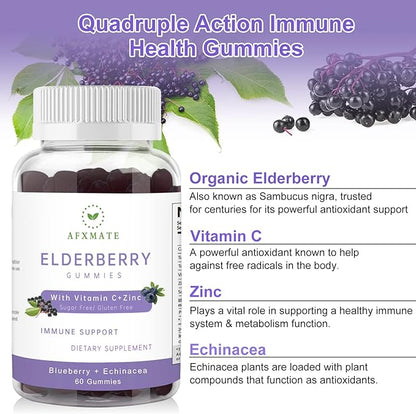 Sambucus Elderberry Gummies, Black Elderberry Gummy with Zinc and Vitamin C for Adults, Sugar Free Kids Multivitamin Gummies Immune Support* Supplement (2 Pack)