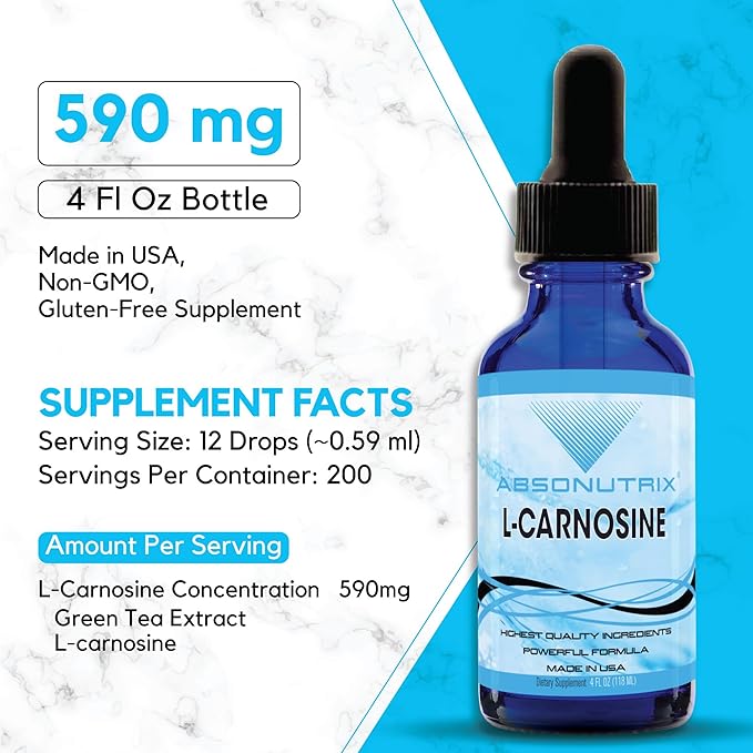 Absonutrix L-Carnosine - 583 mg 4 Oz Bottle, 200 Highly Potent Servings, Easy-to-Consume Drops, High Bioavailability, Third-Party Tested, GMP-Certified, Non-GMO, Cruelty-Free Products, Made in USA