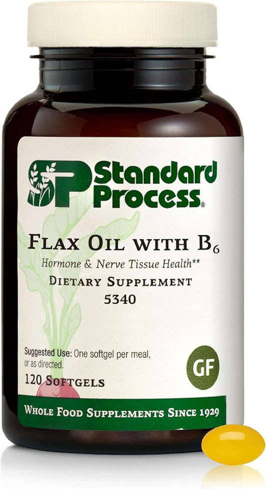 Standard Process Flax Oil with B6 - Supplement for Hormone & Nerve Tissue Support - Supports Brain, Heart & Skin Skin - Gluten-Free, Non-Dairy & Non-Soy - 120 Softgels (120 Servings)