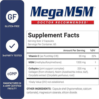 U.S. Doctors’ Clinical Mega MSM Supplement for Joints with MSM + Vitamin C + Collagen and Neem - Clinically Proven to Promote Cartilage Tendon & Ligament Health (1 Month Supply – 120 Capsules)