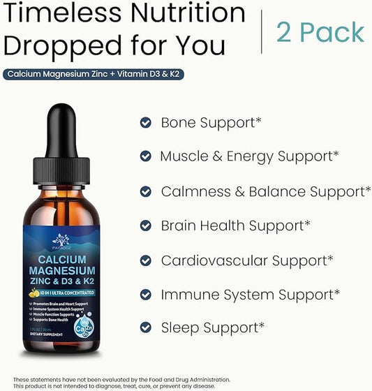 (2 Pack) 10 in 1 Magnesium Calcium Zinc Supplement with Vitamin C D3 K2, Glycinate Mag Vegan Liquid Drops Plus L-Theanine Boron Sea Moss Extract, Immune Support, Bone, Sleep & Leg Cramps, 1 Fl Oz