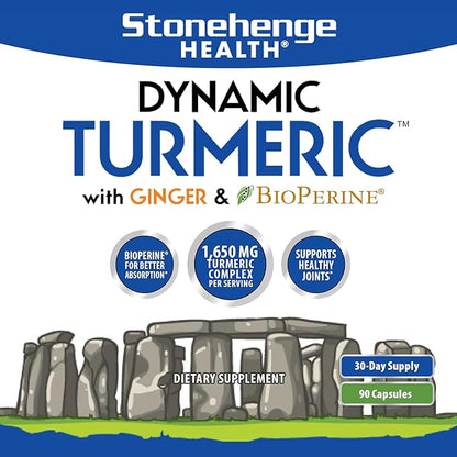Stonehenge Health Dynamic Turmeric Curcumin with Ginger - High Potency - 1,650 mg Turmeric with 95% Curcuminoids & BioPerine, 90 Vegetarian Capsules