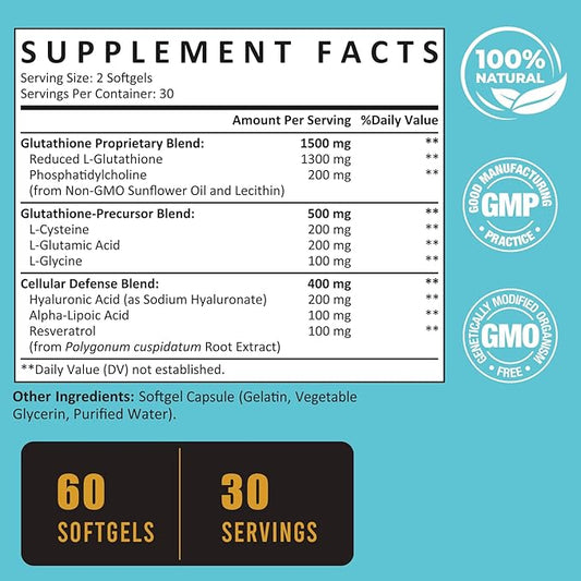 2400 MG Liposomal Glutathione Softgels, Max Absorption, Active Form L-Glutathione Reduced (GSH), with Hyaluronic Acid, Resveratrol, Master Antioxidants for Detox, Brain, Immune System, 600 Softgels