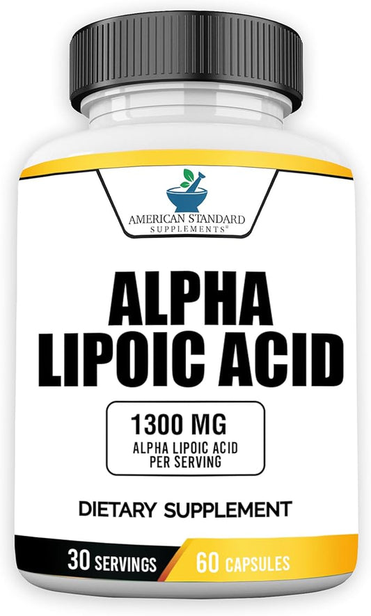 American Standard Supplements Alpha Lipoic Acid 1300mg Per Serving - Vegan, Gluten Free, Non-GMO, 60 Capsules, 30 Servings