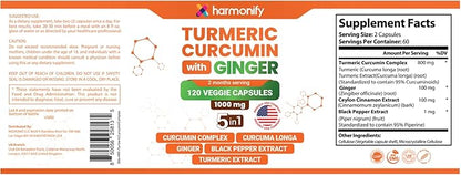 Turmeric Curcumin Supplement with Ginger, Ceylon Cinnamon and Black Pepper Complex 5 in 1 Formula, Curcuma Longa, Max Absorption, 1000 mg, 120 Herbal Extract Capsules