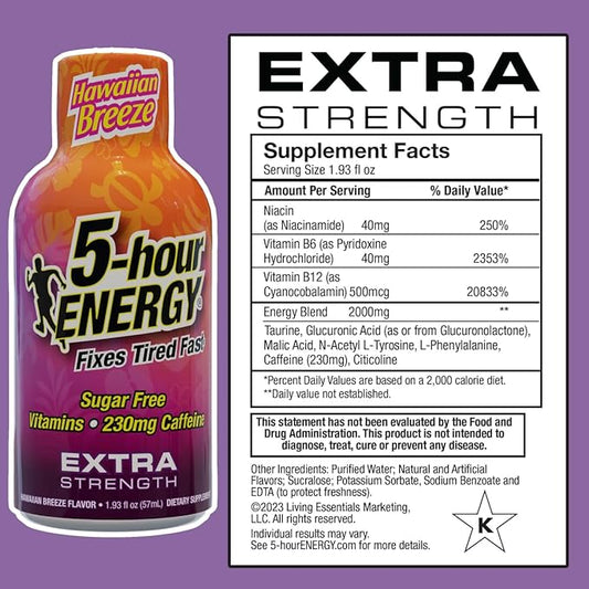 5-hour ENERGY Extra Strength Hawaiian Breeze Energy Shot 1.93oz, 20-Pack – Sugar Free Caffeine Energy Booster with B-Vitamins & Amino Acids – Zero Calorie
