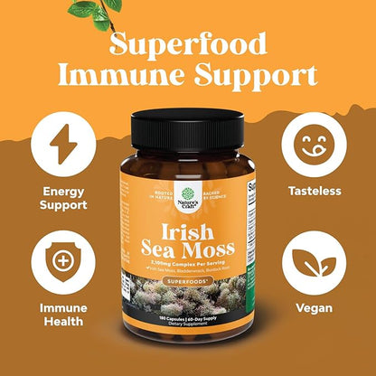 Organic Irish Sea Moss Capsules - Organic Sea Moss Pills with 2100mg Serving Superfood Complex with Bladderwrack Burdock Root and BioPerine for Immune Skin & Thyroid Support - Vegan Non-GMO (2 Month)