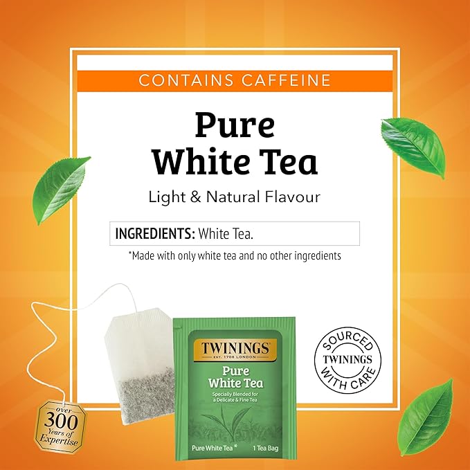 Twinings Pure White Tea Individually Wrapped Bags, 20 Count (Pack of 1), Light & Fresh, Caffeinated, Enjoy Hot or Iced, 20 Teabags