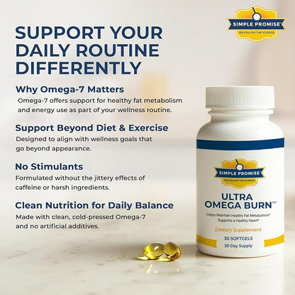 Simple Promise Ultra Omega Burn - Omega-7 Supplement with Pure Palmitoleic Acid - Fish Oil for Metabolism, Weight Support & Cardiovascular Health - Healthy Heart Support for Men & Women | 30 Softgels