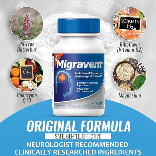 Vita Sciences Migravent Migraine Relief Supplement w/Vitamin B2, Riboflavin, Magnesium, Coenzyme CoQ10, PA-Free Butterbur, Bioperine, Premium Herbal Extracts 60 Count