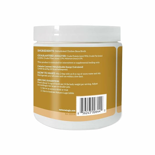 Nature's Logic Dehydrated Bone Broth Powder - 100% Natural Dog & Cat Topper - Rich in Glucosamine & Chondroitin - Boosts Immune System - Gluten-Free, No Synthetic Ingredients - Chicken, 6oz