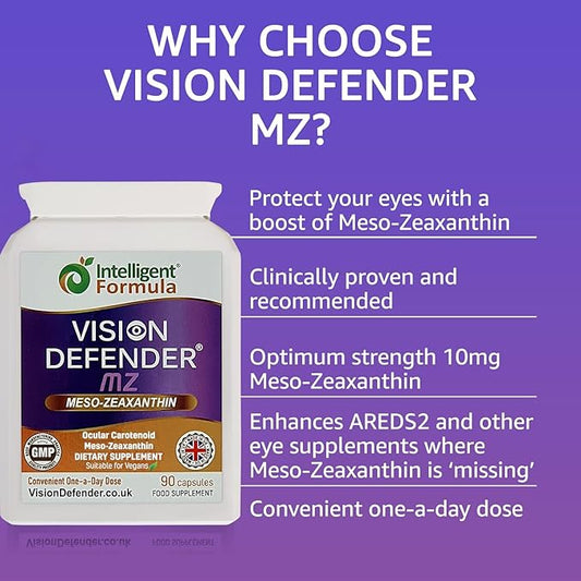 Vision Defender Meso Zeaxanthin Vegan Eye Supplement MZ- Protect and Improve Ocular Health & Eye Care, High Strength Antioxidant Carotenoid Meso-Zeaxanthin for Eyes (90 Capsules/One Daily) Made in UK