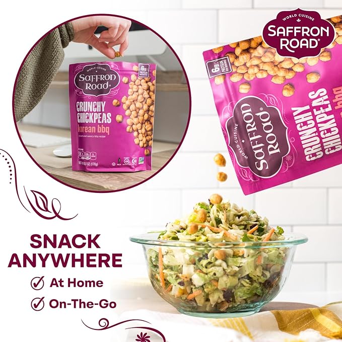 Saffron Road Roasted and Crunchy Korean BBQ Chickpeas | High Protein Snacks | Gluten-free, Vegan, Non-GMO, and Certified Halal and Kosher | 5.4oz Pouch | Pack of 6