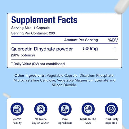 Quercetin 500mg Capsules | Vegan Friendly Quercetin Dihydrate High Potency Antioxidant Supplement for Skin Heart and Immune Support | Gluten-Free | Made in the USA in GMP Facilities (200 Servings)