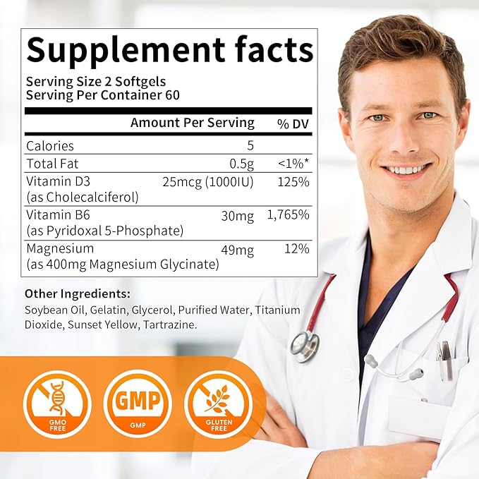 2pack Magnesium Supplement Softgels, Easy Absorption Magnesium Glycinate 400mg with Vitamin B6,D3, High Bioavailability Magnesium for Sleep & Calm Support, Nervous, Muscle & Bone Health,240count