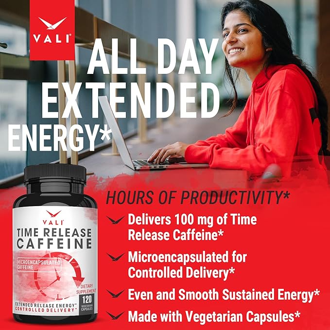 VALI Time Release Caffeine 100mg Capsules- Smart Slow Release for Extended Energy & Focus. Advanced Nootropic Supplement. Brain Booster Active Performance, Alertness & Clarity. 120 Veggie Capsules