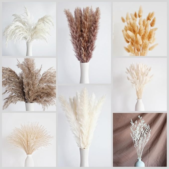 128 PCS Dried Pampas Grass Bouquet, Boho Table Decor, Bunny Tails Dried Flowers, Brown Pampas, White Pampas Grass for Weddings, Home Decor, Rustic Parties, and Baby Shower Decorations