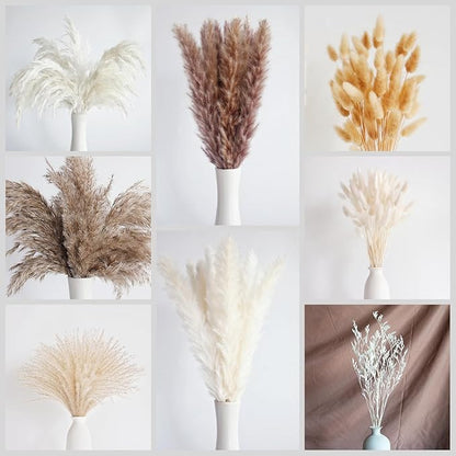 128 PCS Dried Pampas Grass Bouquet, Boho Table Decor, Bunny Tails Dried Flowers, Brown Pampas, White Pampas Grass for Weddings, Home Decor, Rustic Parties, and Baby Shower Decorations