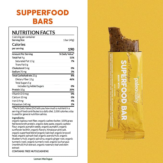 Paleovalley Superfood Bars – Lemon Meringue– 10 Pack – 9g Protein per Bar – Gluten-Free, Grain-Free, Paleo, Non-GMO – On-the-Go Snack