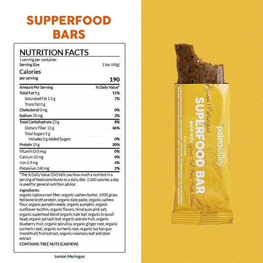 Paleovalley Superfood Bars – Lemon Meringue– 10 Pack – 9g Protein per Bar – Gluten-Free, Grain-Free, Paleo, Non-GMO – On-the-Go Snack
