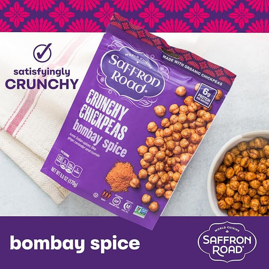 Saffron Road Roasted and Crunchy Bombay Spice Chickpeas | High Protein Snacks | Gluten-free, Vegan, Non-GMO, and Certified Halal and Kosher | 5.4oz Pouch | Pack of 6