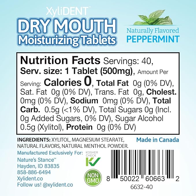 Nature's Stance XyliDENT Xylitol Tablets for Dry Mouth Relief - Stimulates Saliva, Freshens Breath, Reduces Acid Production, Fast Acting Relief, 40 Count (Peppermint)