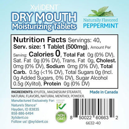 Nature's Stance XyliDENT Xylitol Tablets for Dry Mouth Relief - Stimulates Saliva, Freshens Breath, Reduces Acid Production, Fast Acting Relief, 40 Count (Peppermint)