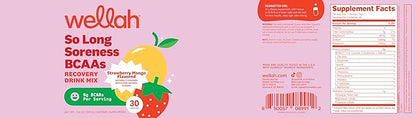 Wellah So Long Soreness BCAA Powder (Strawberry Mango Flavored) 30 Servings - with Hydration Complex