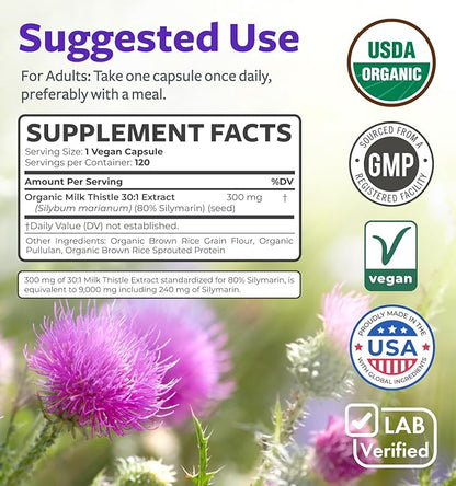 USDA Organic Milk Thistle Capsules - 80% Silymarin Supplement for Liver Support- Super Concentrated 300mg of 30:1 Milk Thistle Extract Equivalent to 9,000mg - Milk Thistle Liver Detox 120 Day Supply